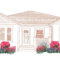 Illustration of Flower Power 3 in front of a house