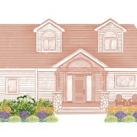 Illustration of Snow Plow & Salt Tolerant Mix in front of a house